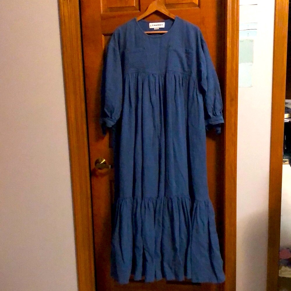 L.F. Markey heavy linen, full-skirted dress in denim blue, one size fits all